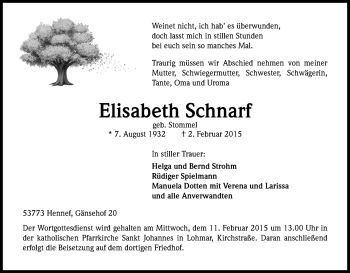 Anzeige von Elisabeth Schnarf von Kölner Stadt-Anzeiger / Kölnische Rundschau / Express