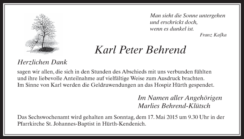  Traueranzeige für Karl Peter Behrend vom 13.05.2015 aus  Wochenende  Schlossbote/Werbekurier 