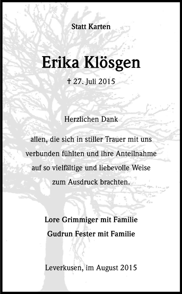  Traueranzeige für Erika Klösgen vom 29.08.2015 aus Kölner Stadt-Anzeiger / Kölnische Rundschau / Express