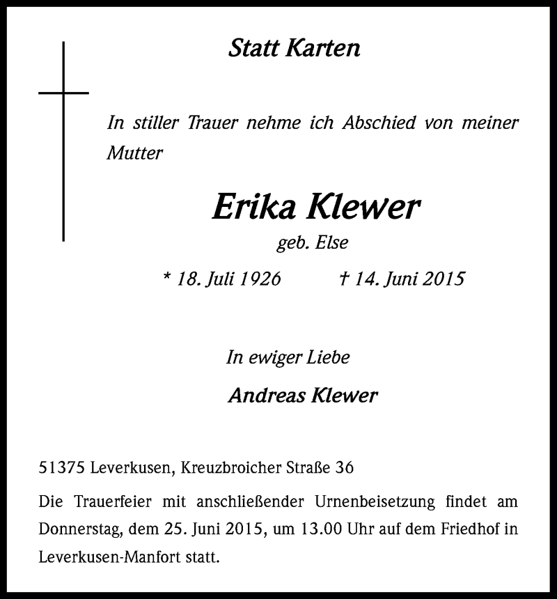  Traueranzeige für Erika Klewer vom 20.06.2015 aus Kölner Stadt-Anzeiger / Kölnische Rundschau / Express