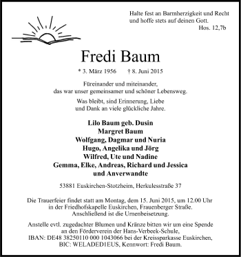 Anzeige von Fredi Baum von Kölner Stadt-Anzeiger / Kölnische Rundschau / Express