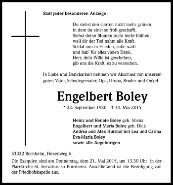 Anzeige von Engelbert Boley von Kölner Stadt-Anzeiger / Kölnische Rundschau / Express