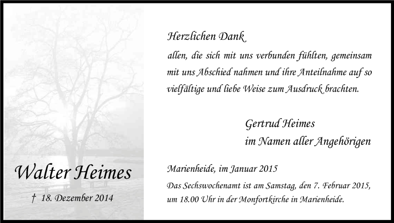  Traueranzeige für Walter Heimes vom 31.01.2015 aus Kölner Stadt-Anzeiger / Kölnische Rundschau / Express