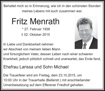 Anzeige von Fritz Menrath von  Sonntags-Post 