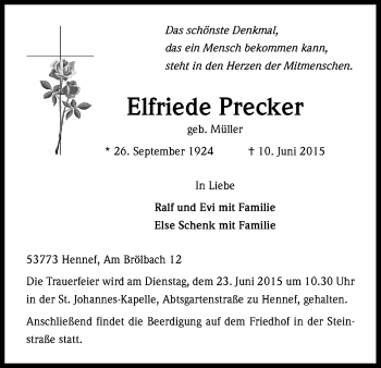 Anzeige von Elfriede Precker von Kölner Stadt-Anzeiger / Kölnische Rundschau / Express