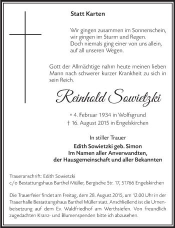 Anzeige von Reinhold Sowietzki von  Anzeigen Echo 