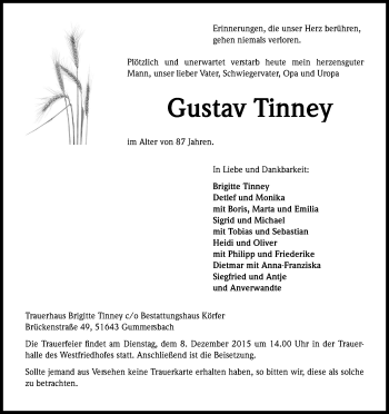 Anzeige von Gustav Tinney von Kölner Stadt-Anzeiger / Kölnische Rundschau / Express