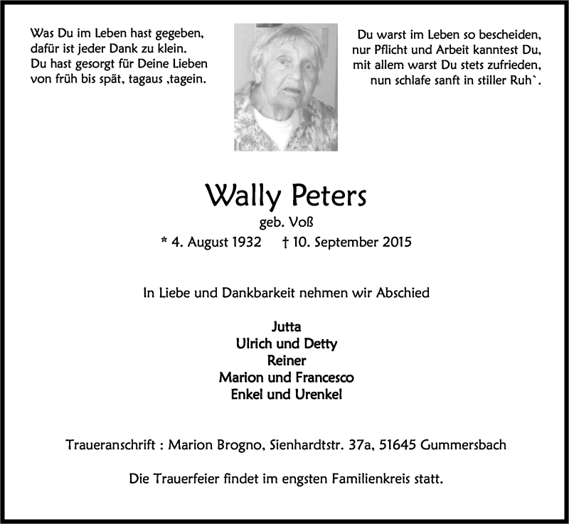  Traueranzeige für Wally Peters vom 16.09.2015 aus Kölner Stadt-Anzeiger / Kölnische Rundschau / Express