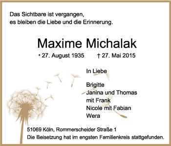 Anzeige von Maxime Michalak von Kölner Stadt-Anzeiger / Kölnische Rundschau / Express