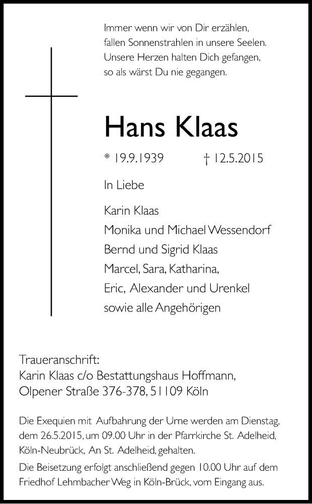 Traueranzeige für Hans Klaas vom 21.05.2015 aus Kölner Stadt-Anzeiger / Kölnische Rundschau / Express