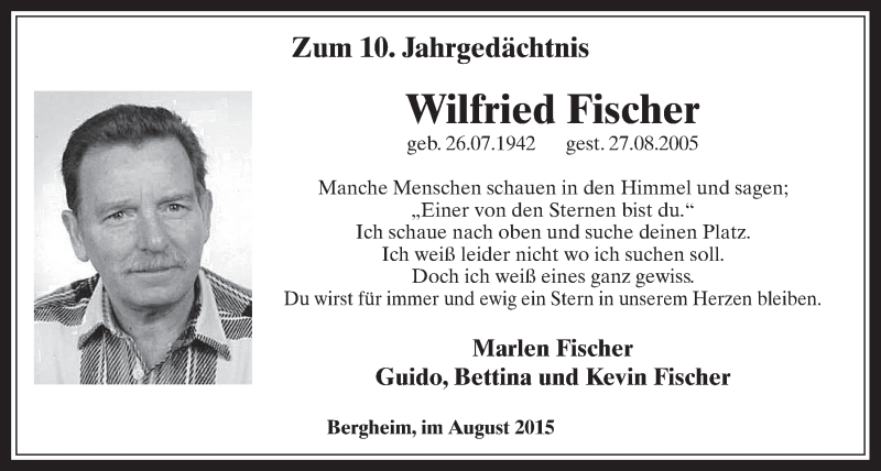  Traueranzeige für Wilfried Fischer vom 26.08.2015 aus  Werbepost 
