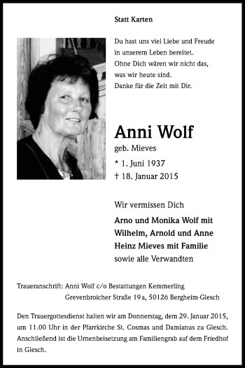 Anzeige von Anni Wolf von Kölner Stadt-Anzeiger / Kölnische Rundschau / Express