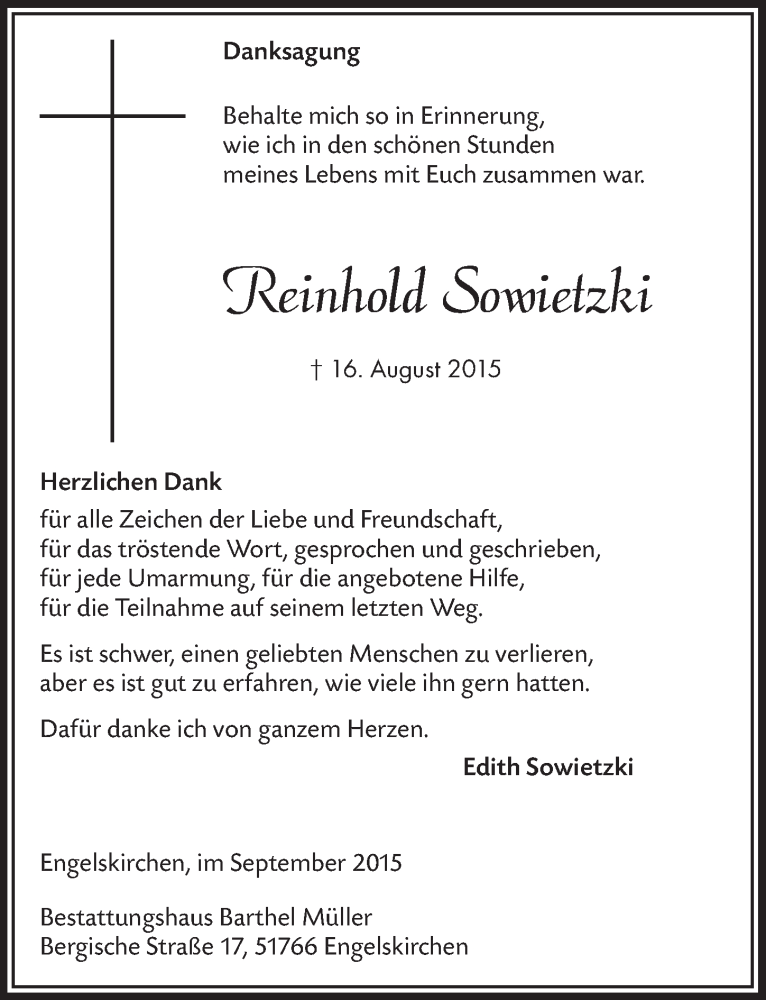  Traueranzeige für Reinhold Sowietzki vom 23.09.2015 aus  Anzeigen Echo 