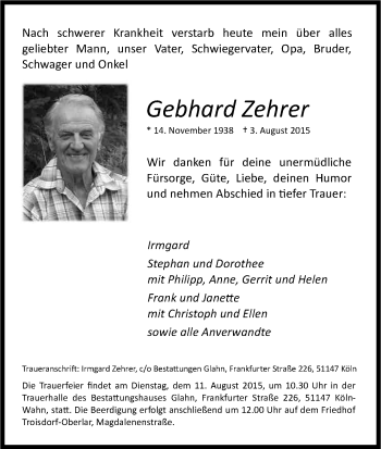 Anzeige von Gebhard Zehrer von Kölner Stadt-Anzeiger / Kölnische Rundschau / Express