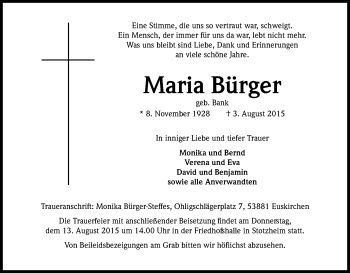 Anzeige von Maria Bürger von Kölner Stadt-Anzeiger / Kölnische Rundschau / Express