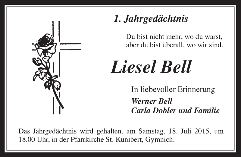  Traueranzeige für Liesel Bell vom 08.07.2015 aus  Werbepost 