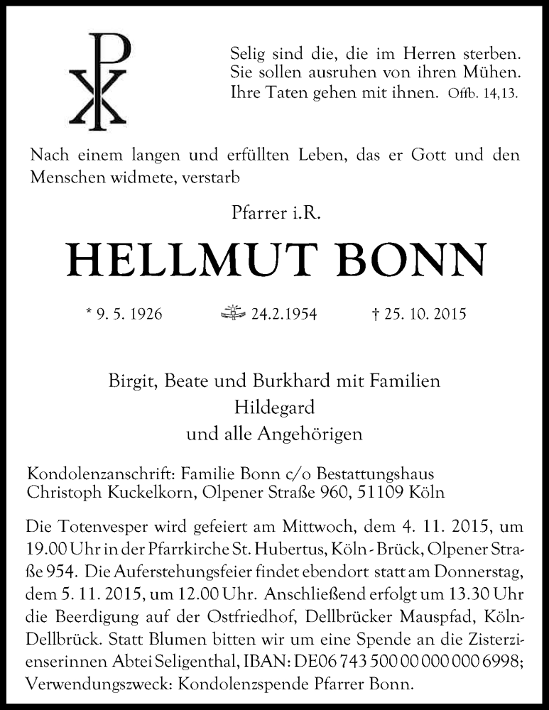  Traueranzeige für Hellmut Bonn vom 31.10.2015 aus Kölner Stadt-Anzeiger / Kölnische Rundschau / Express