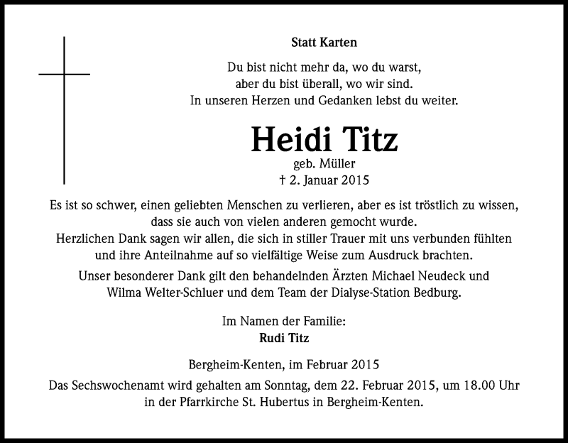  Traueranzeige für Heidi Titz vom 14.02.2015 aus Kölner Stadt-Anzeiger / Kölnische Rundschau / Express