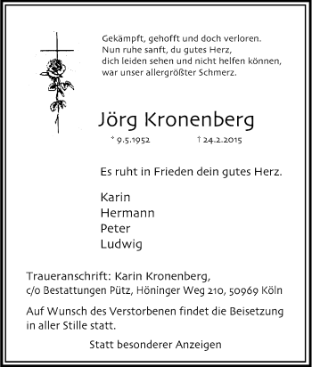 Anzeige von Jörg Kronenberg von Kölner Stadt-Anzeiger / Kölnische Rundschau / Express