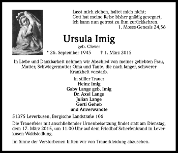 Anzeige von Ursula Imig von Kölner Stadt-Anzeiger / Kölnische Rundschau / Express
