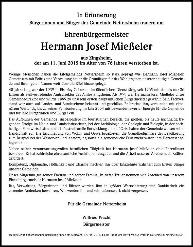  Traueranzeige für Hermann Josef Mießeler vom 16.06.2015 aus Kölner Stadt-Anzeiger / Kölnische Rundschau / Express