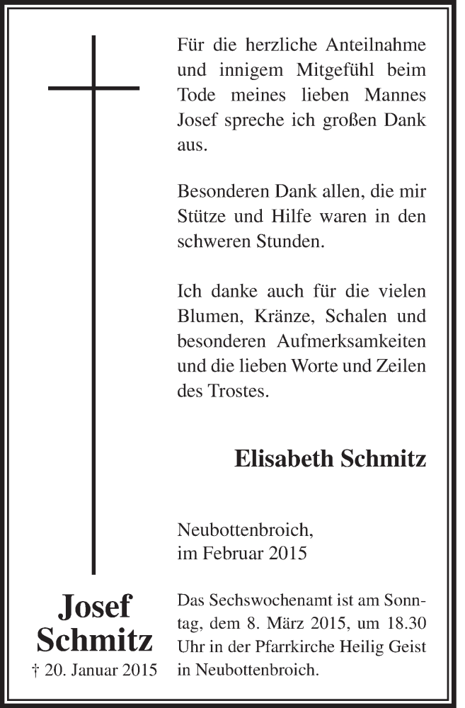  Traueranzeige für Josef Schmidt vom 21.02.2015 aus  Sonntags-Post 