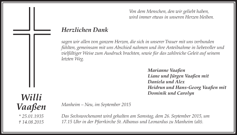  Traueranzeige für Willi Vaaßen vom 19.09.2015 aus  Sonntags-Post 