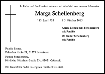 Anzeige von Marga Schellenberg von Kölner Stadt-Anzeiger / Kölnische Rundschau / Express