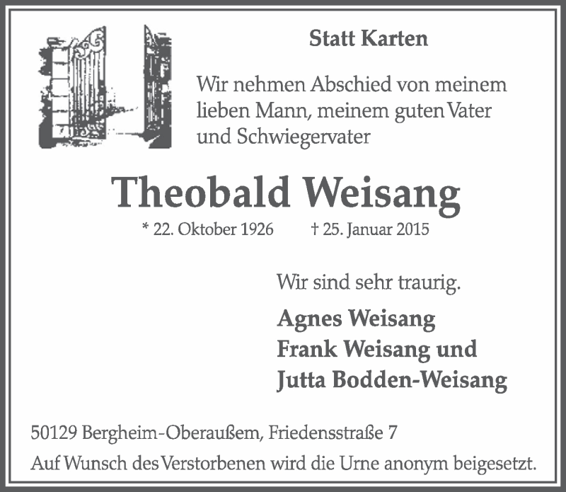  Traueranzeige für Theobald Weisang vom 04.02.2015 aus  Werbepost 