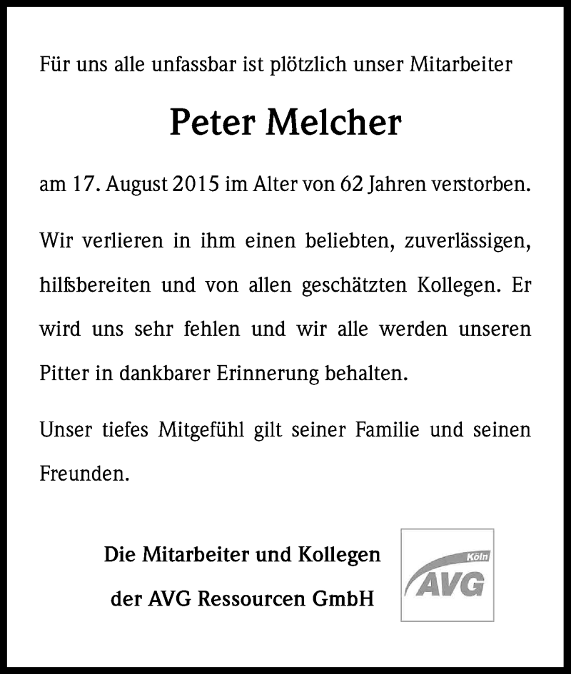  Traueranzeige für Peter Melcher vom 28.08.2015 aus Kölner Stadt-Anzeiger / Kölnische Rundschau / Express