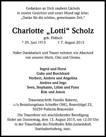 Anzeige von Charlotte Scholz von Kölner Stadt-Anzeiger / Kölnische Rundschau / Express