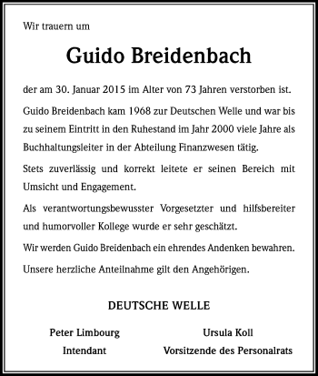 Anzeige von Guido Breidenbach von Kölner Stadt-Anzeiger / Kölnische Rundschau / Express
