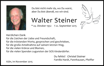 Anzeige von Walter Steiner von Köln - Wir Trauern