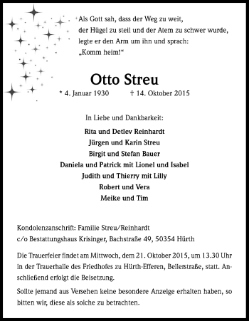 Anzeige von Otto Streu von Kölner Stadt-Anzeiger / Kölnische Rundschau / Express