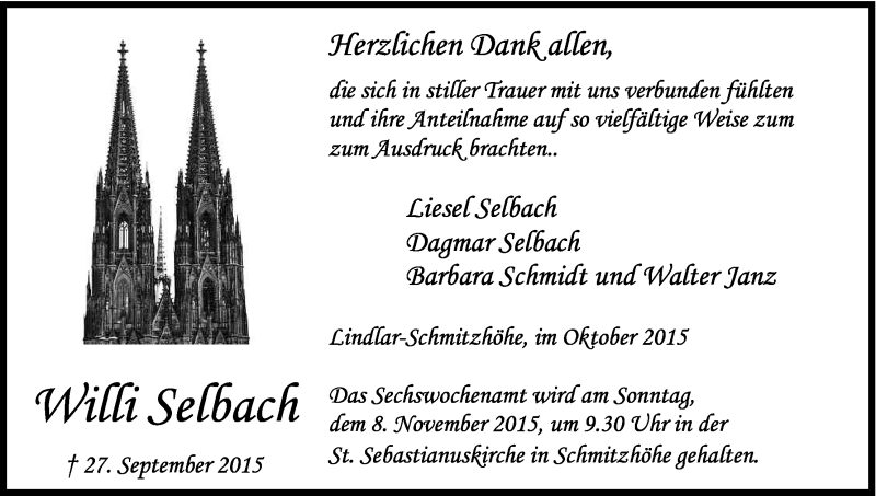  Traueranzeige für Willi Selbach vom 31.10.2015 aus Kölner Stadt-Anzeiger / Kölnische Rundschau / Express