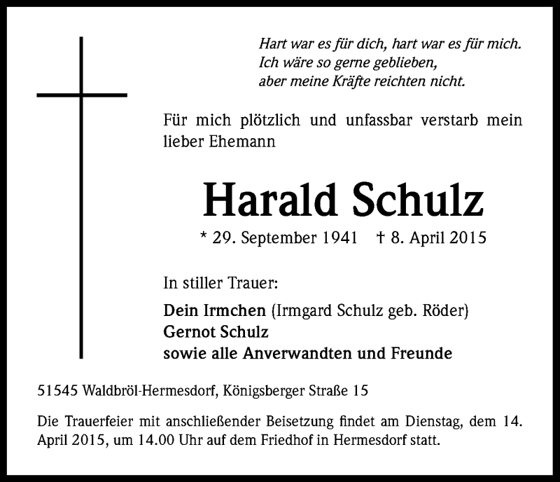  Traueranzeige für Harald Schulz vom 11.04.2015 aus Kölner Stadt-Anzeiger / Kölnische Rundschau / Express