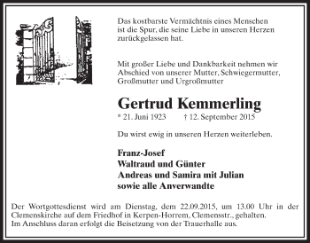 Anzeige von Gertrud Kemmerling von  Sonntags-Post 