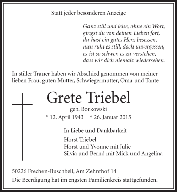 Anzeige von Grete Triebel von  Sonntags-Post 
