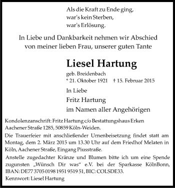 Anzeige von Liesel Hartung von Kölner Stadt-Anzeiger / Kölnische Rundschau / Express