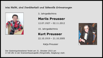 Anzeige von Marlis und Kurt Preusser von Kölner Stadt-Anzeiger / Kölnische Rundschau / Express