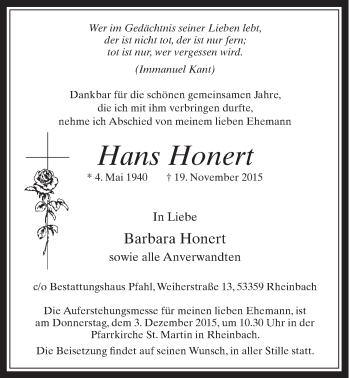 Anzeige von Hans Honert von  Schaufenster/Blickpunkt 