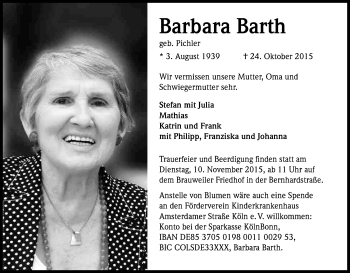 Anzeige von Barbara Barth von Kölner Stadt-Anzeiger / Kölnische Rundschau / Express