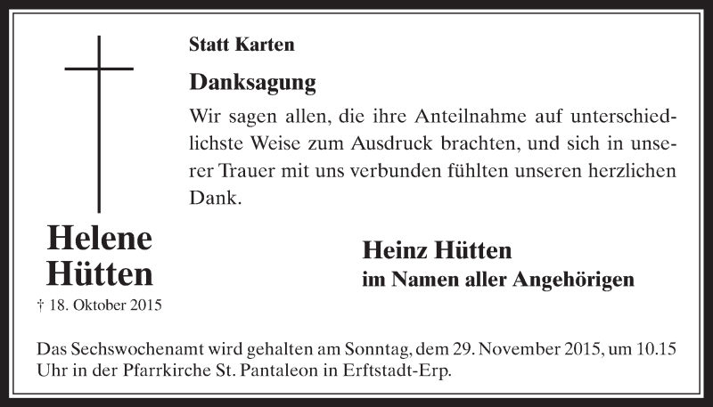  Traueranzeige für Helene Hütten vom 25.11.2015 aus  Werbepost 