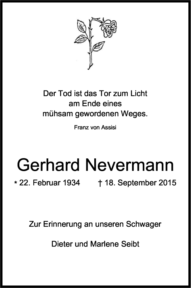  Traueranzeige für Gerhard Nevermann vom 28.09.2015 aus Kölner Stadt-Anzeiger / Kölnische Rundschau / Express