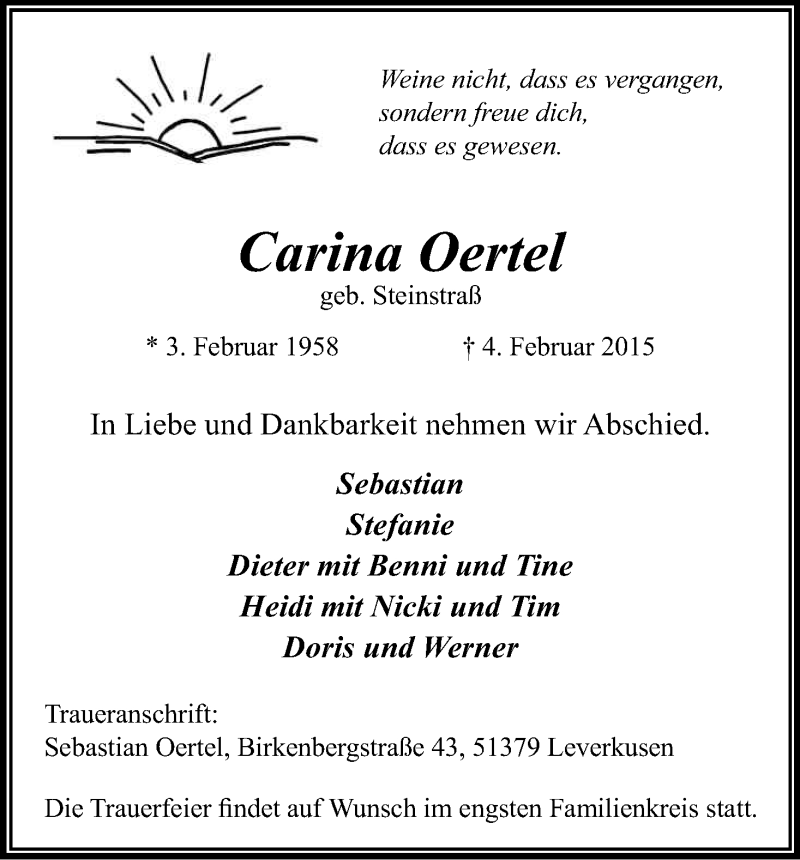  Traueranzeige für Carina Oertel vom 14.02.2015 aus Kölner Stadt-Anzeiger / Kölnische Rundschau / Express