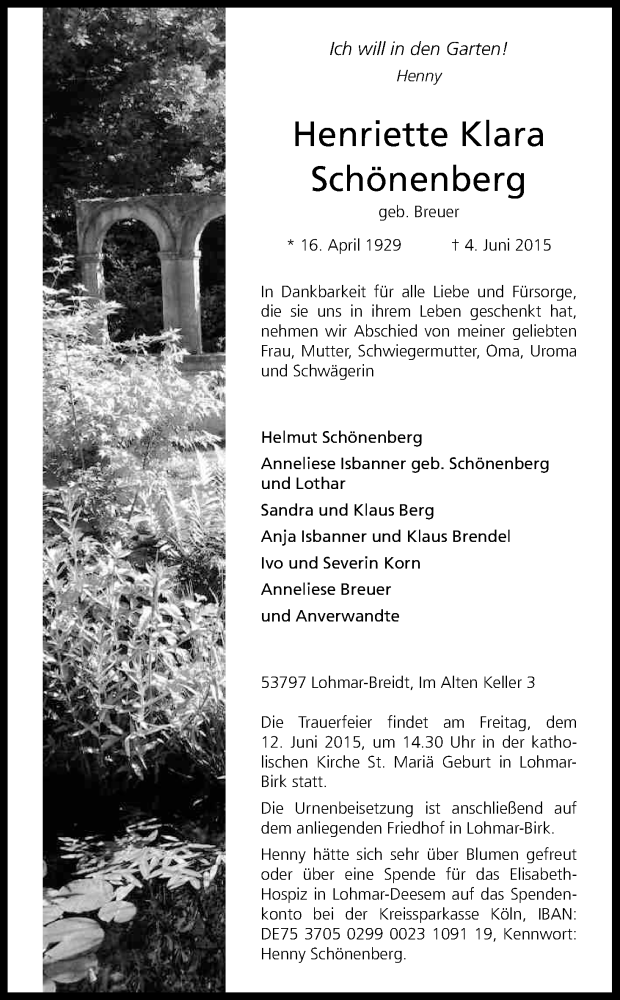 Traueranzeige für Henriette Klara Schönenberg vom 09.06.2015 aus Kölner Stadt-Anzeiger / Kölnische Rundschau / Express
