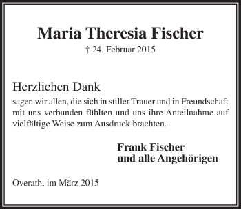 Anzeige von Maria Theresia Fischer von  Bergisches Handelsblatt 