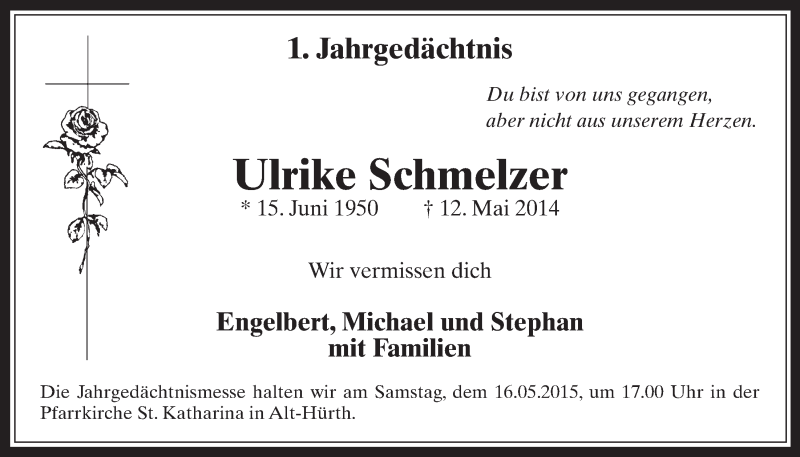  Traueranzeige für Ulrike Schmelzer vom 06.05.2015 aus  Wochenende  Schlossbote/Werbekurier  Werbepost 