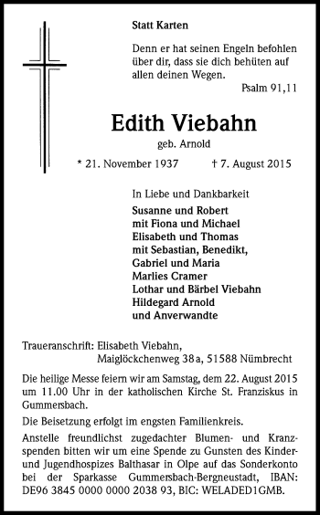 Anzeige von Edith Viebahn von Kölner Stadt-Anzeiger / Kölnische Rundschau / Express