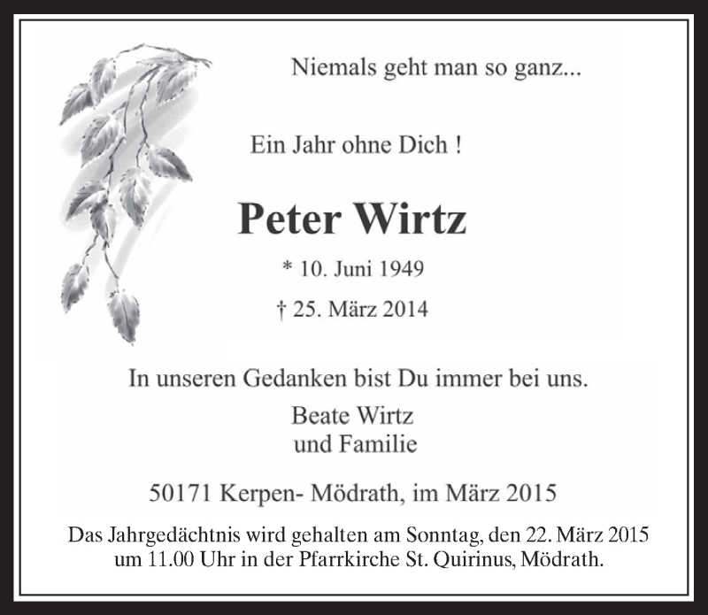  Traueranzeige für Peter Wirtz vom 18.03.2015 aus  Werbepost 